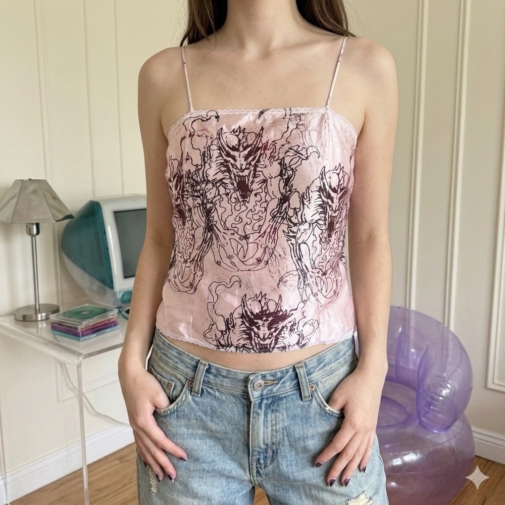Y2K vintage Pink Satanic Panic Dragon Cami Top size l